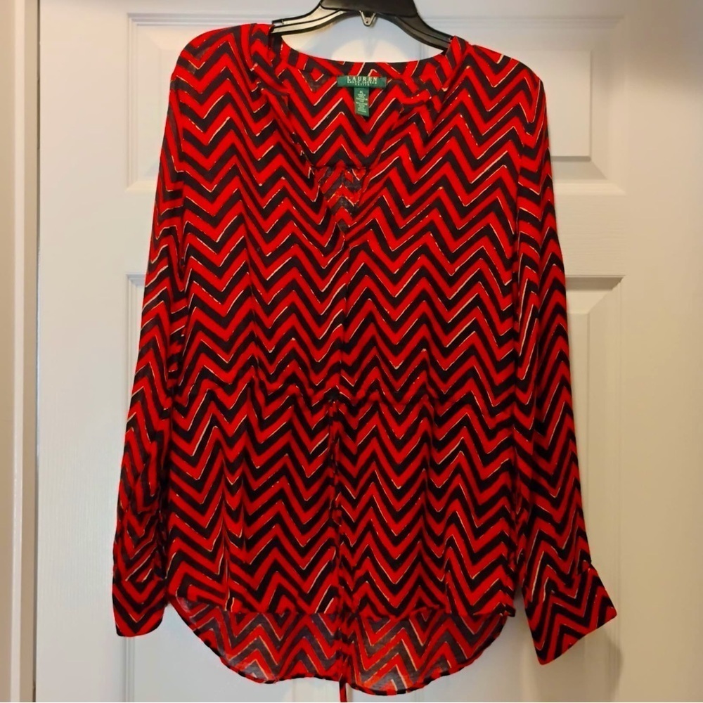 Lauren Ralph Lauren Red and Black Chevron Blouse Waist Tie Flattering Size LP